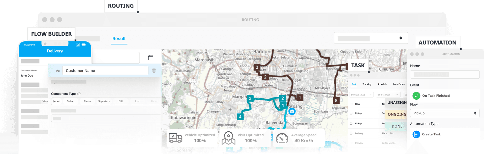 Transportation routing platform interface showing route optimization and vehicle management