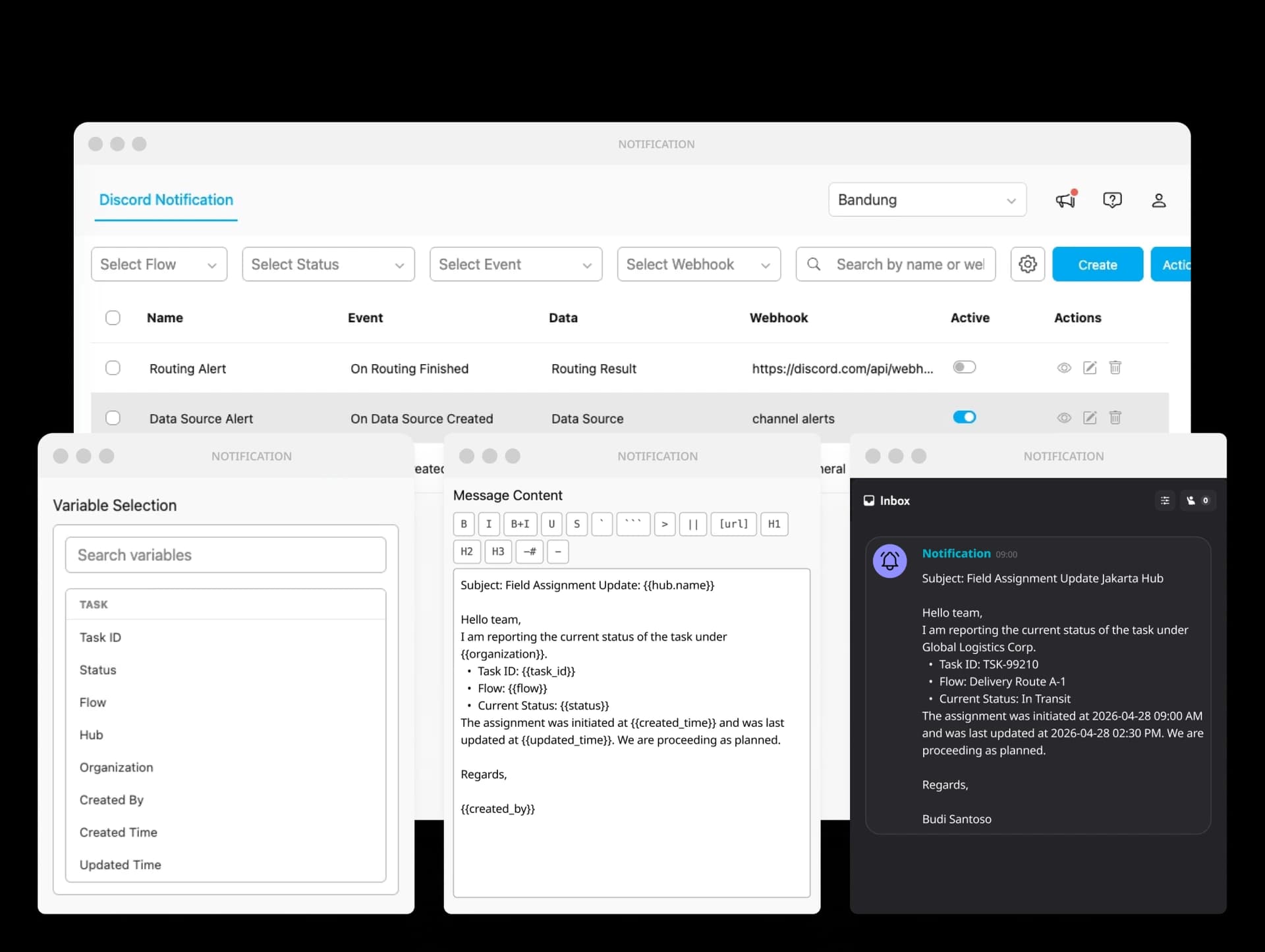 Danh sách tự động hóa Channel Notification với định tuyến webhook, bộ chọn biến và bản xem trước tin nhắn