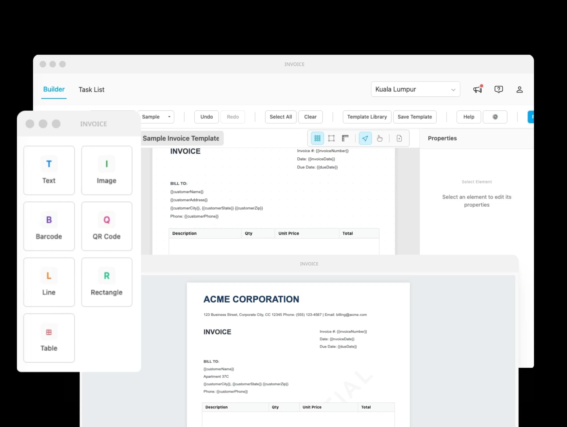 Trình tạo Invoice Generator hiển thị mẫu biên lai giao hàng, bảng phần tử và bảng thuộc tính