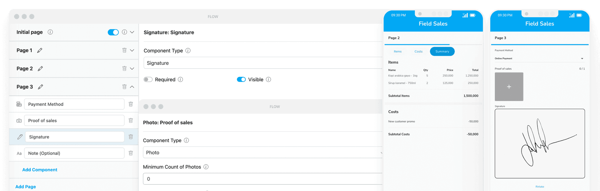Field app builder interface showing custom workflow creation