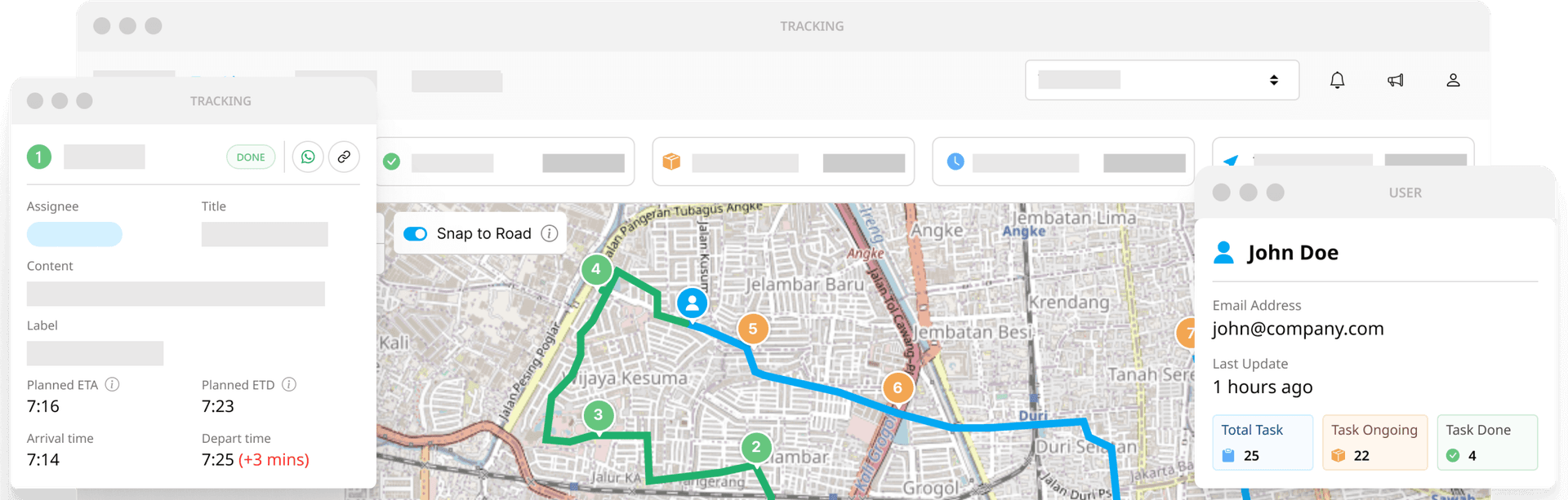 Antarmuka pelacakan real-time menunjukkan peta operasi lapangan langsung