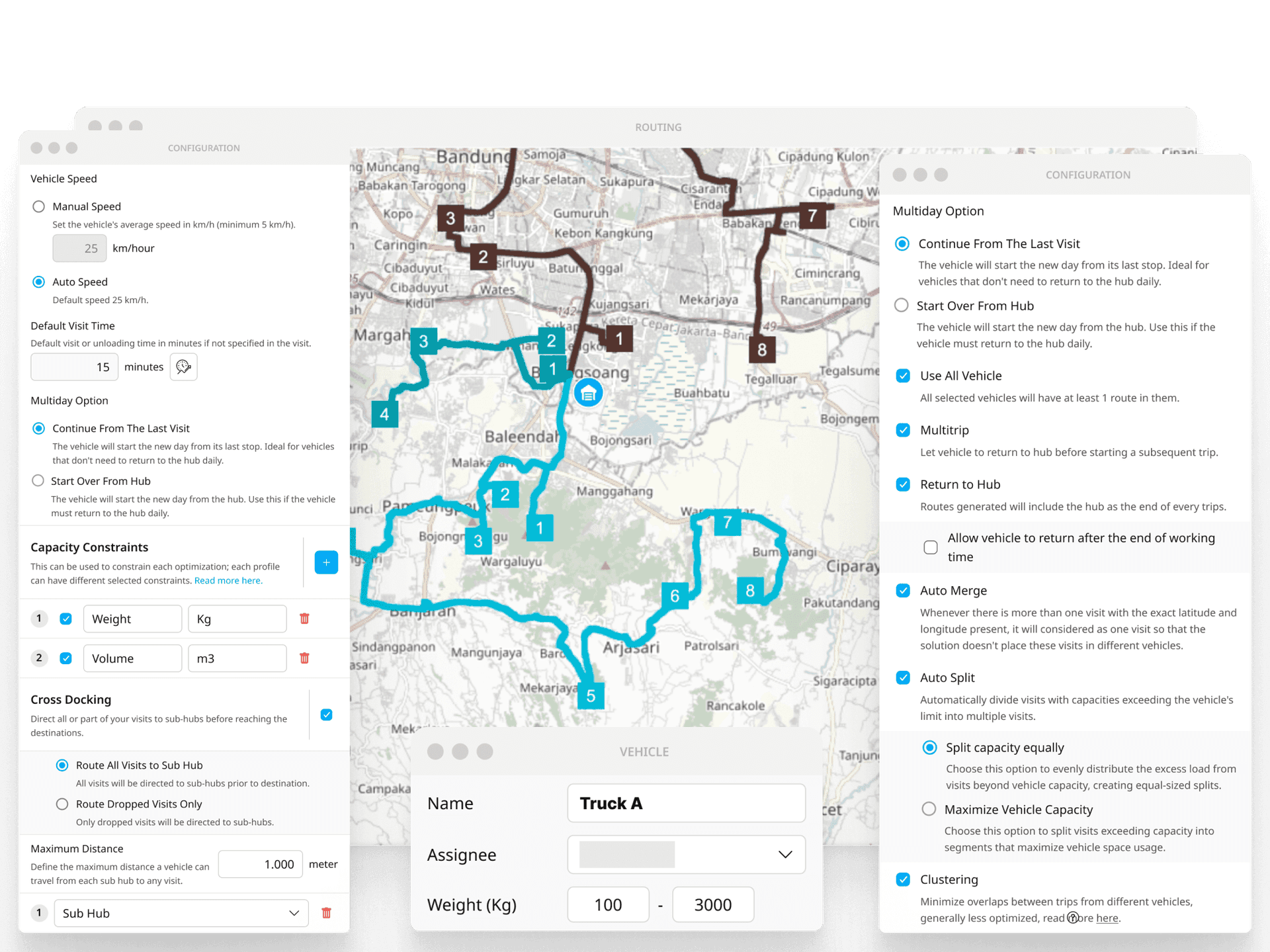 Antarmuka optimasi rute menampilkan perencanaan otomatis